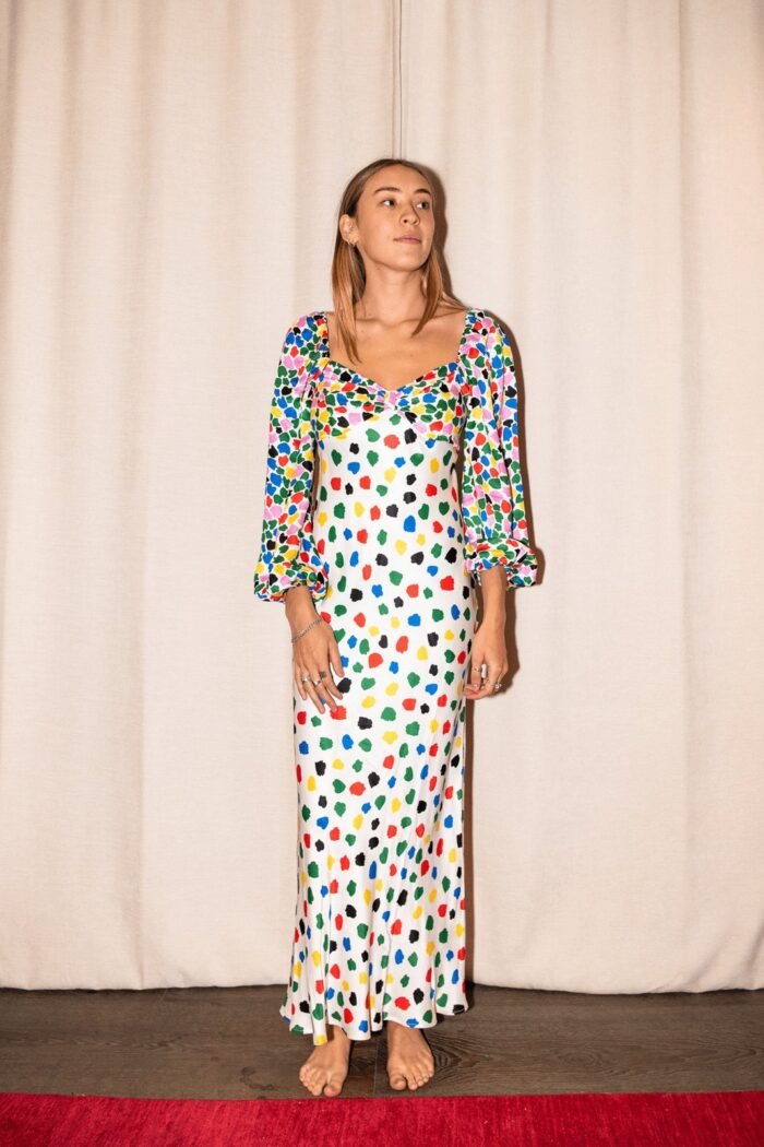 Alison Sweetheart Splice Printed Dots Maxi Satin Dress - Image 4