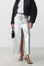 Andrey Metallic Midi Slit Skirt