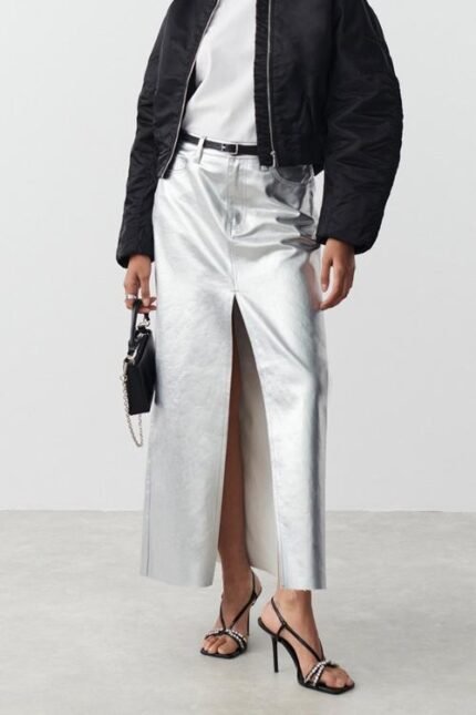 Andrey Metallic Midi Slit Skirt