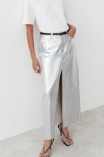Andrey Metallic Midi Slit Skirt - Image 2