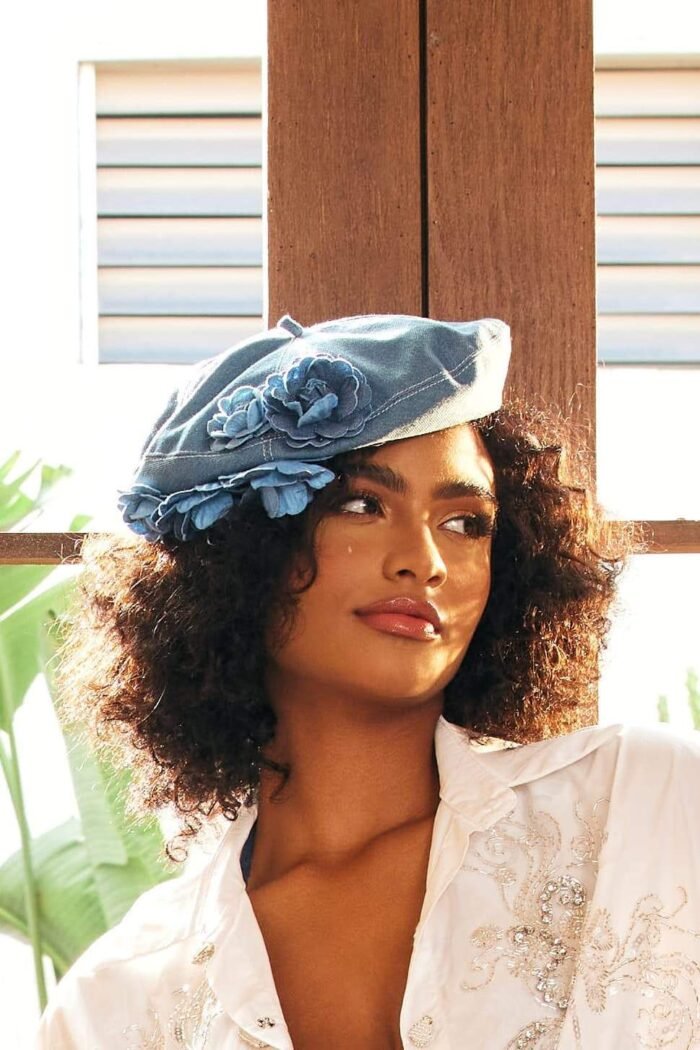 Camellia Denim Beret Hat - Image 3