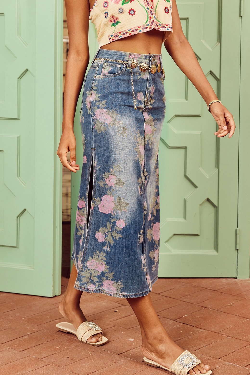 casey-flower-print-denim-pencil-skirt-sb00203052393-blue-s-sunfere-438696 Casey Flower Print Denim Pencil Skirt - Image 4
