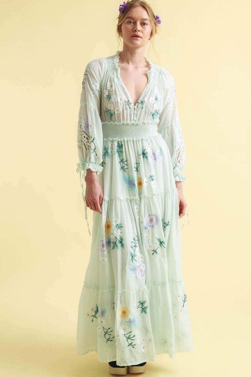 cecilia-embroidered-v-neck-shirred-maxi-dress-sd00203222519-light-green-s-sunfere-377091 Cecilia Embroidered V-neck Shirred Maxi Dress - Image 1