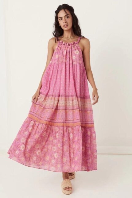 Damla Printed Gathered Halterneck Slip Maxi Dress