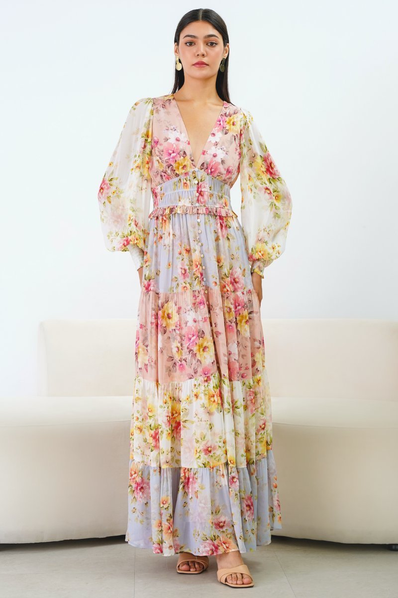 elvira-printed-shirred-v-neck-tiered-maxi-dress-sd00208121151-multi-s-sunfere-891100 Elvira Printed Shirred V-neck Tiered Maxi Dress - Image 1