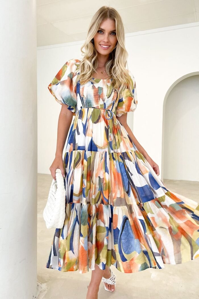 Erin Printed Shirred Bodice Flare Midi Dress - Image 1
