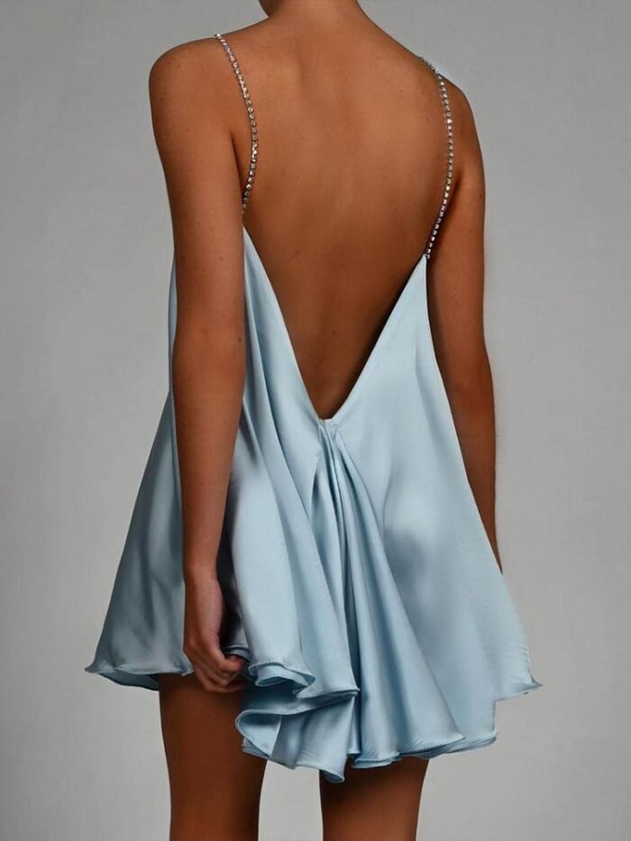 Fanny Metal Chain Satin V-neck Mini Doll Dress - Image 17