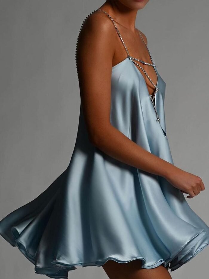 Fanny Metal Chain Satin V-neck Mini Doll Dress - Image 19
