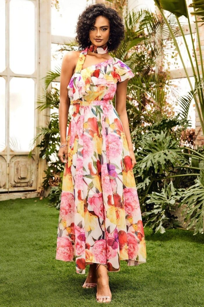Jacqueline One Shoulder Floral Printed Maxi Dress - Image 1