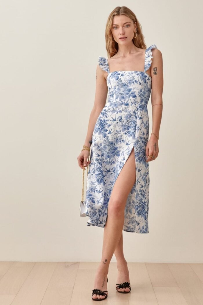 Joa Printed Ruffle Strap Slit Midi Dress - Image 1