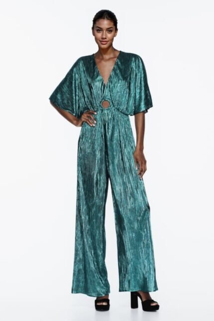 Jocelyn V-neck Metallic Plisse Jumpsuit