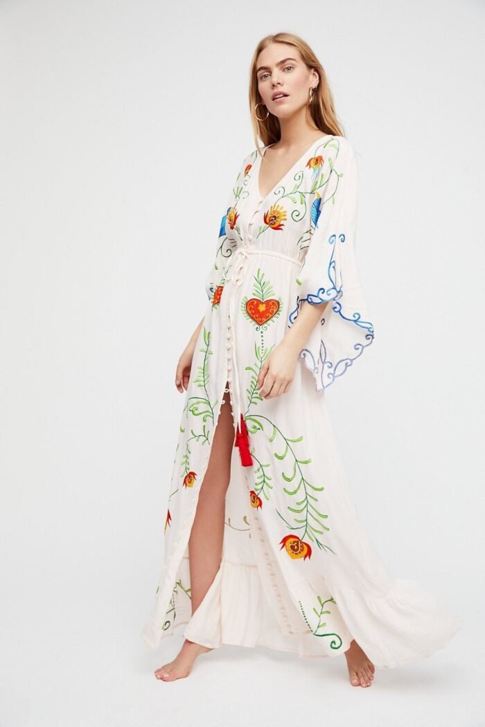 Lola Embroidered V-neck Lace Up Dress - Image 1