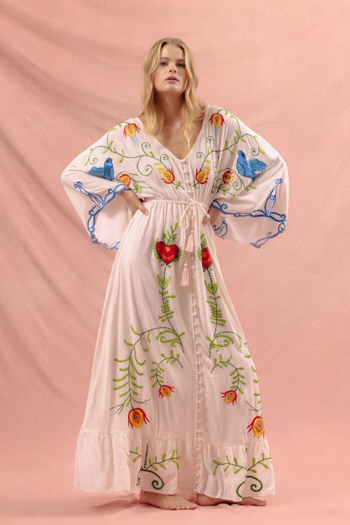 Lola Embroidered V-neck Lace Up Dress - Image 5