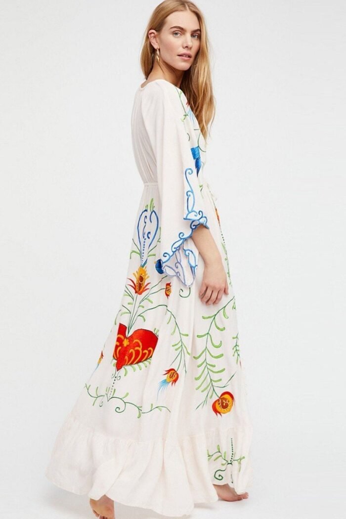 Lola Embroidered V-neck Lace Up Dress - Image 2