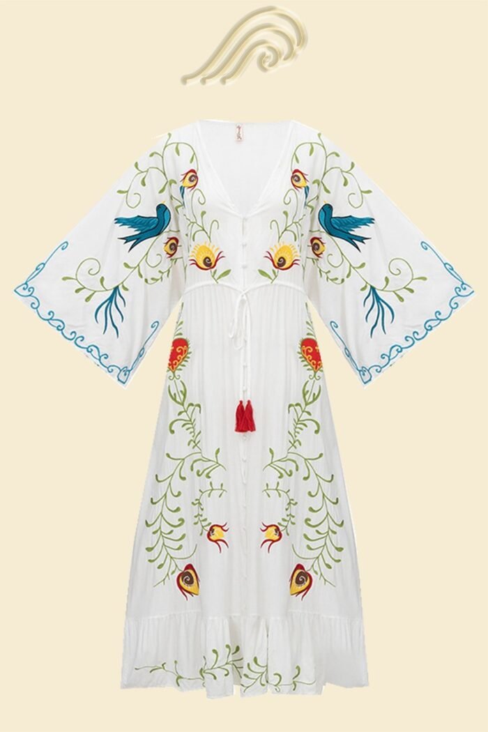 Lola Embroidered V-neck Lace Up Dress - Image 7