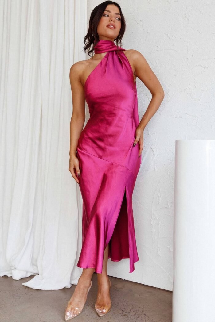Nad Cowl Halterneck Satin Midi Dress - Image 1