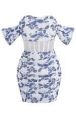 Odelette Printed Off-shoulder Corset Mini Dress - Image 5