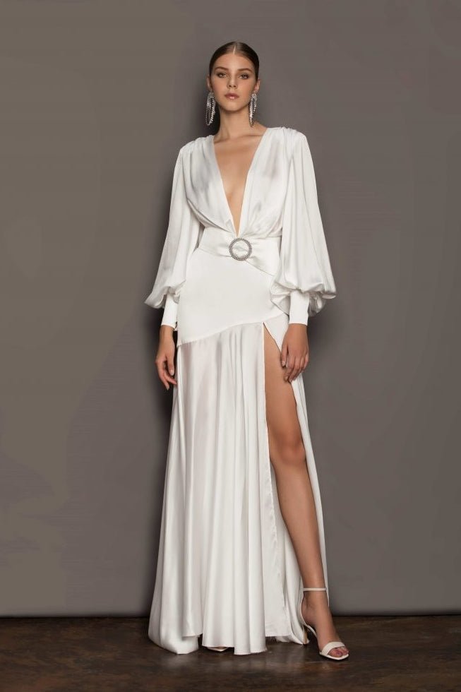 phoebe-v-neck-belted-slit-maxi-dress-sd00209171513-white-xs-sunfere-176742 Phoebe V-neck Belted Slit Maxi Dress - Image 1