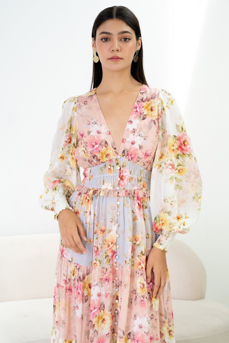 png_83aa3647-5144-4c02-bfee-45f2d4a12f67 Elvira Printed Shirred V-neck Tiered Maxi Dress - Image 3