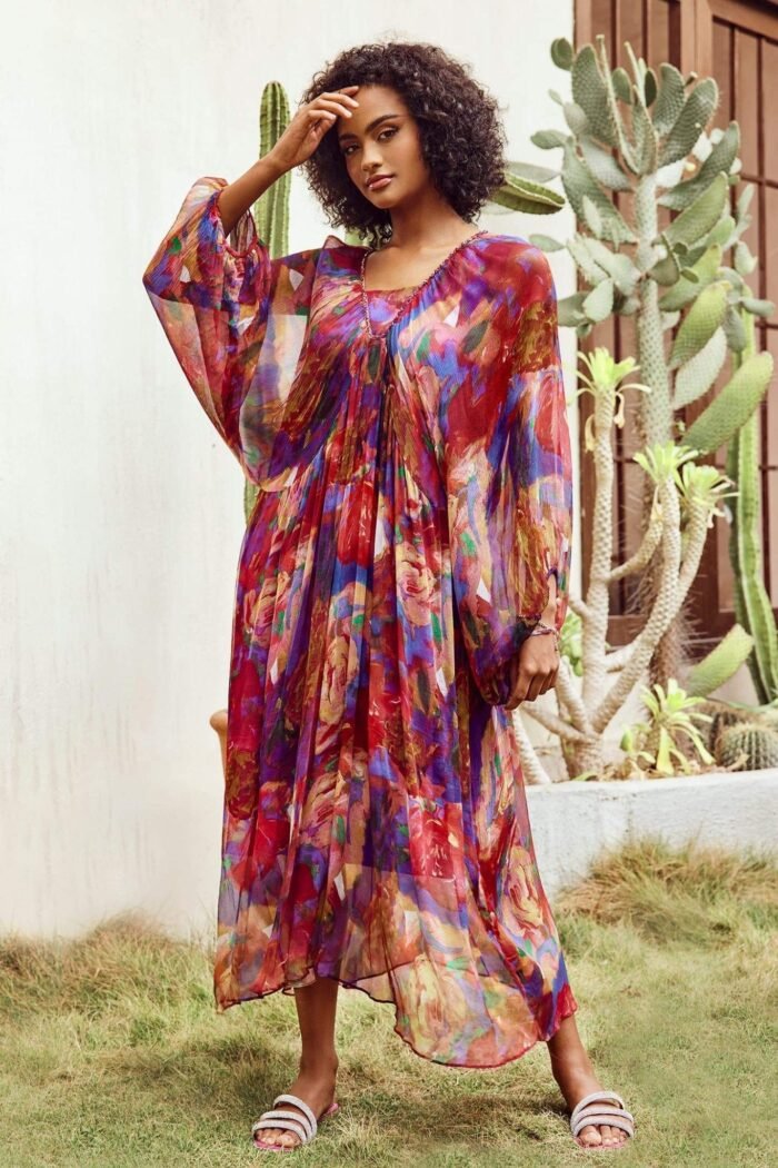 Sabrina Abstract Batwing Sleeve Midi Dress - Image 1