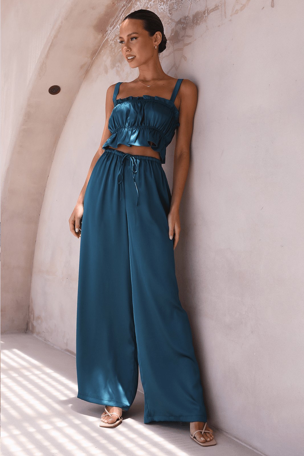 sherry-gathered-silky-lounge-set-sl0020516043-navy-s-sunfere-211915 Sherry Gathered Silky Lounge Set - Image 1