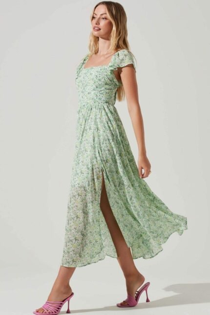 Terri Printed Pleated Bodice Slit Midi Dress