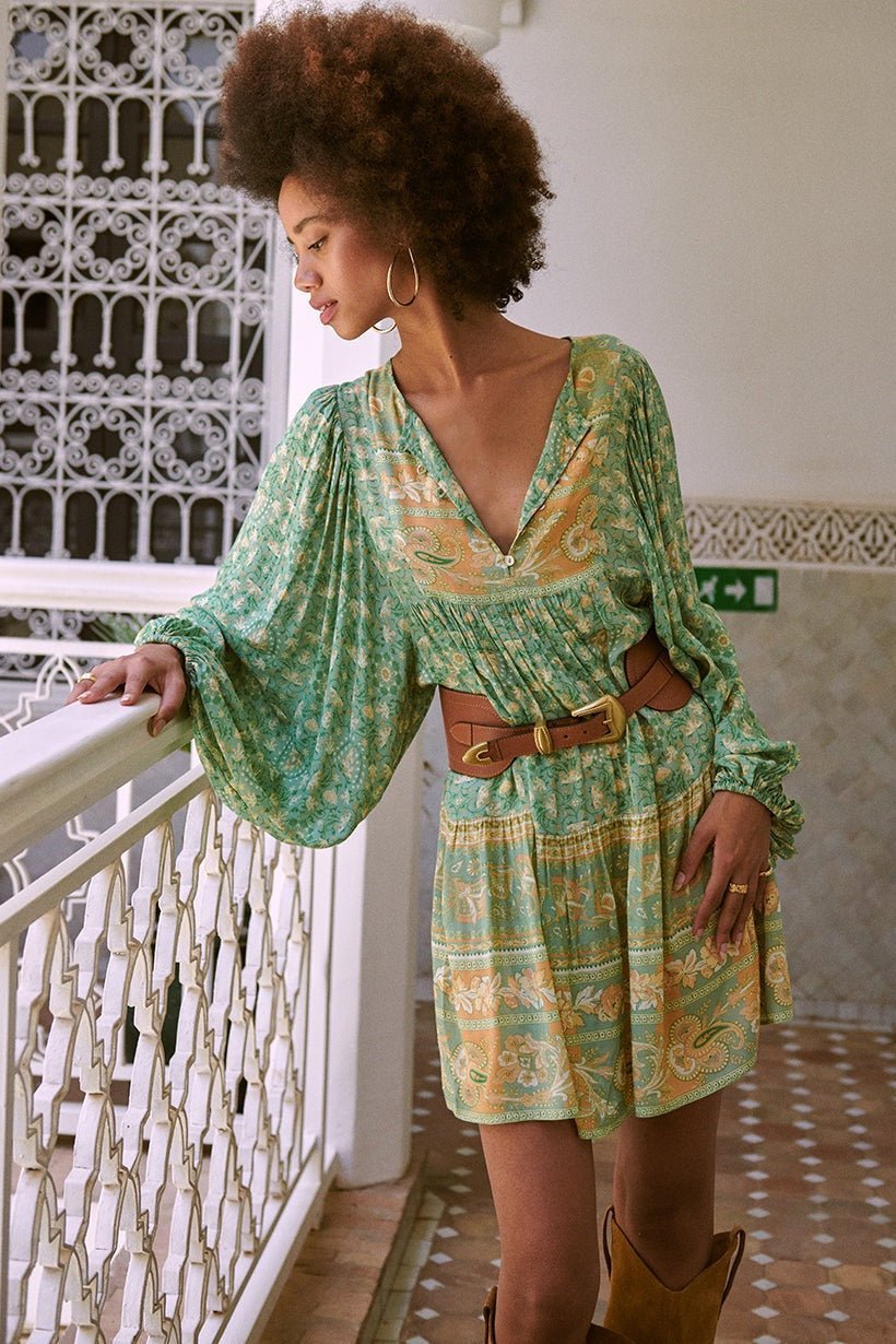 Spell-Madame-PeacockBohoMiniDress-Emerald-110.jpg Ina Splice Printed Mini Peasant Dress - Image 6