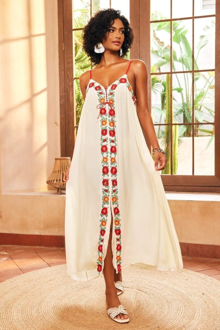 Mila Floral Embroidered V-neck Maxi Slip Dress - Image 1