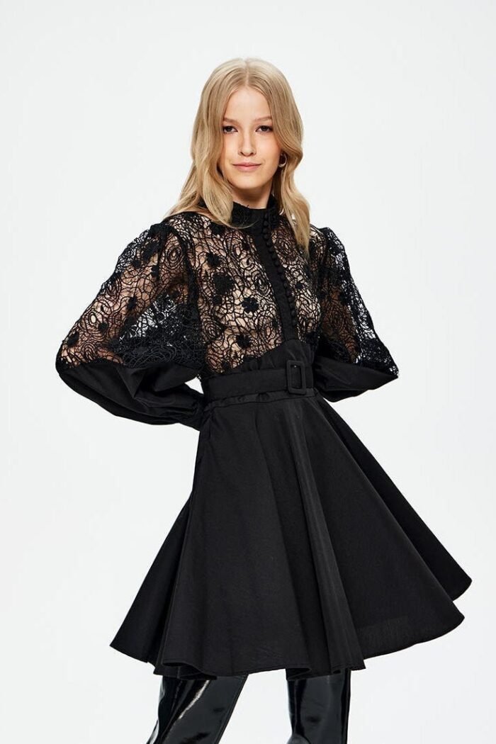 Myra Hollow Embroidered Lace Belted Mini Shirt Dress - Image 4
